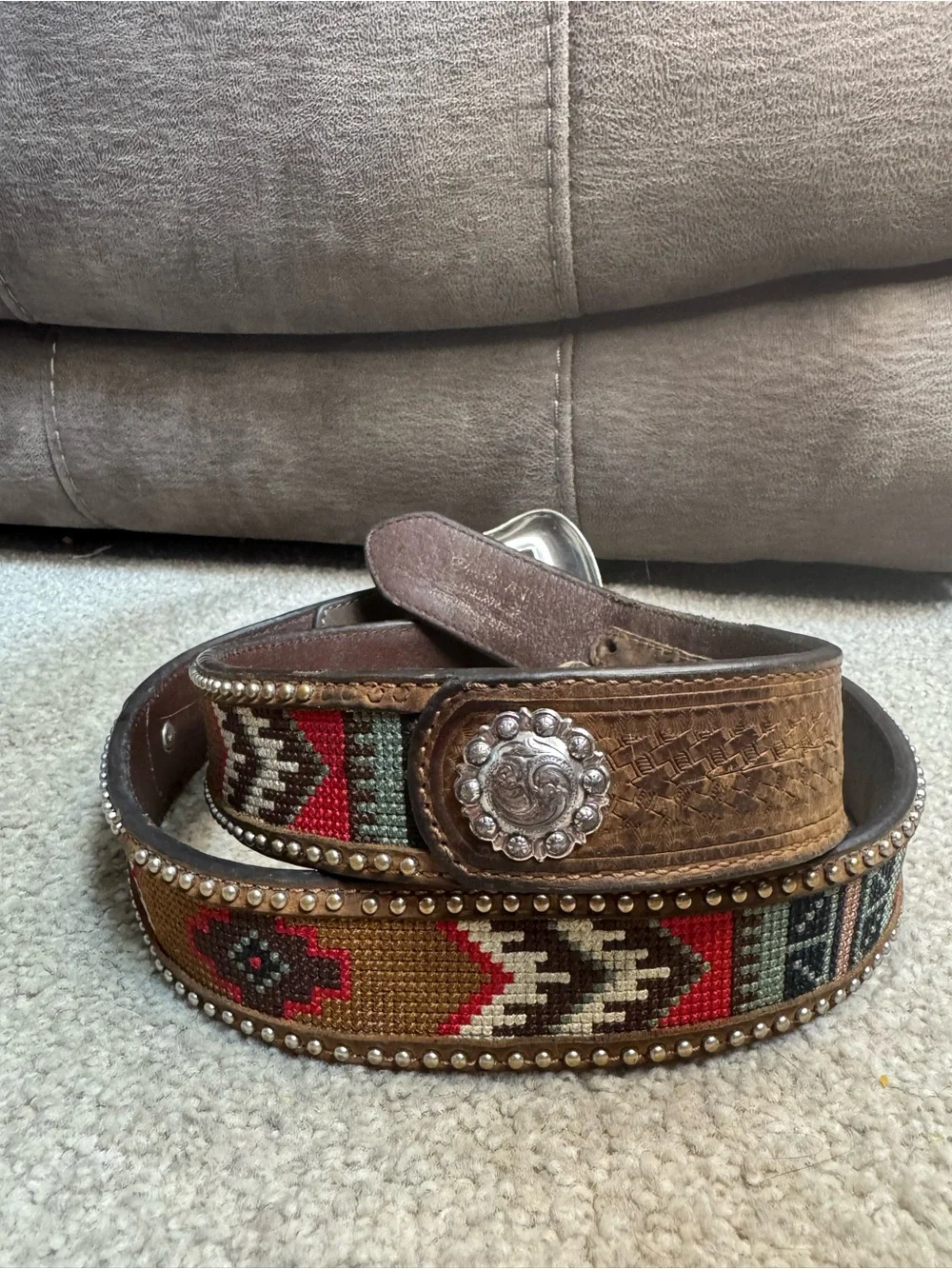 Ariat Brown Leather Western Beaded Belt with Red & Tan Accents